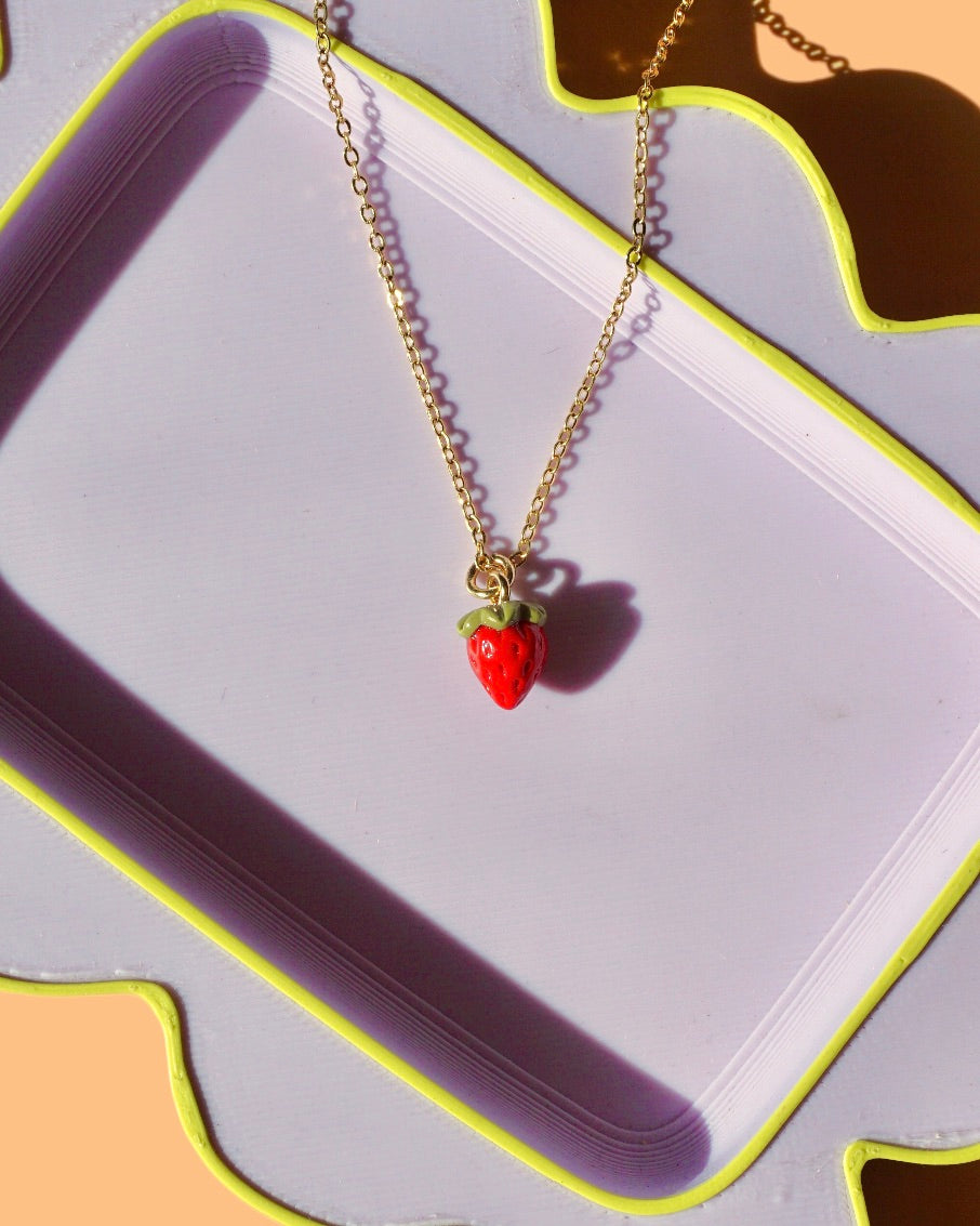 Strawberry Charm Necklace | Minimalistic Polymer Clay Accessories