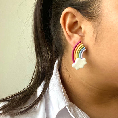 Statement Stud Polymer Clay Earrings | Rainbow Half Studs