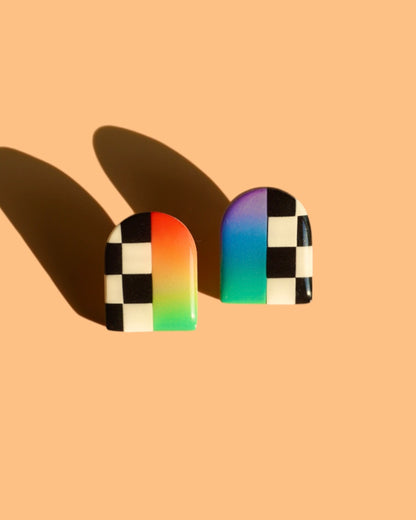 Half Ombré + Checkerboard Arch Studs | Statement Polymer Clay Earrings